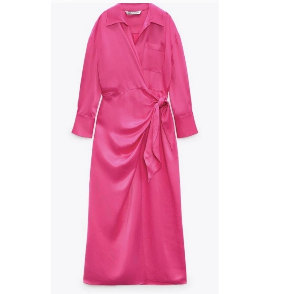 Zara limited Hot Pink Satin Finish Wrap Midi Dress‎ Gold Knot Button Cuffs Small